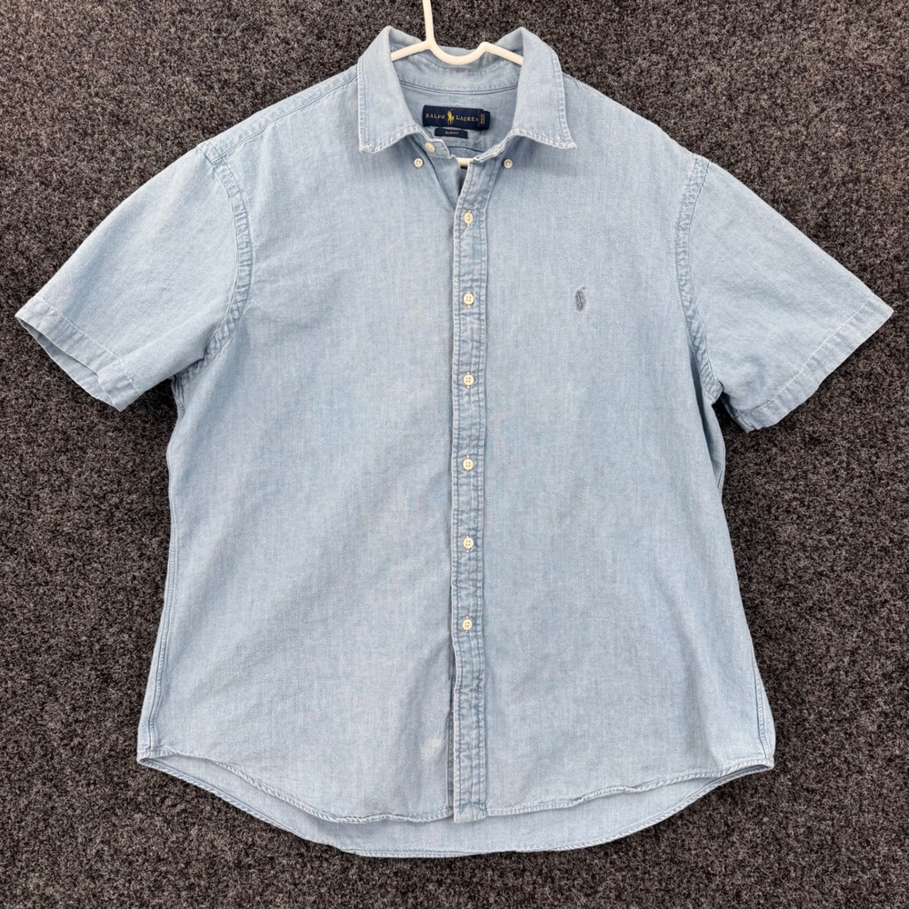 Ralph Lauren Mens XXL Slim Fit Blue Denim Chambray Short Sleeve Button Down